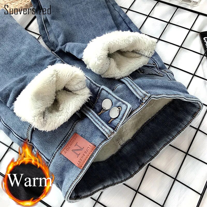 Plus Velvet Women Winter Pencil Jeans High Waist Zipper Fly Streetwear Fleece Lined Denim Pants Vintage Thicken Cowboy Trousers